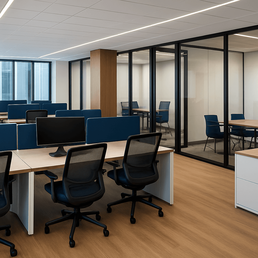 Modern corporate open office with newly installed furniture systems
